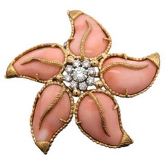 Vintage Italian Designer Coral and Diamond 18K Yellow and White Gold Brooch