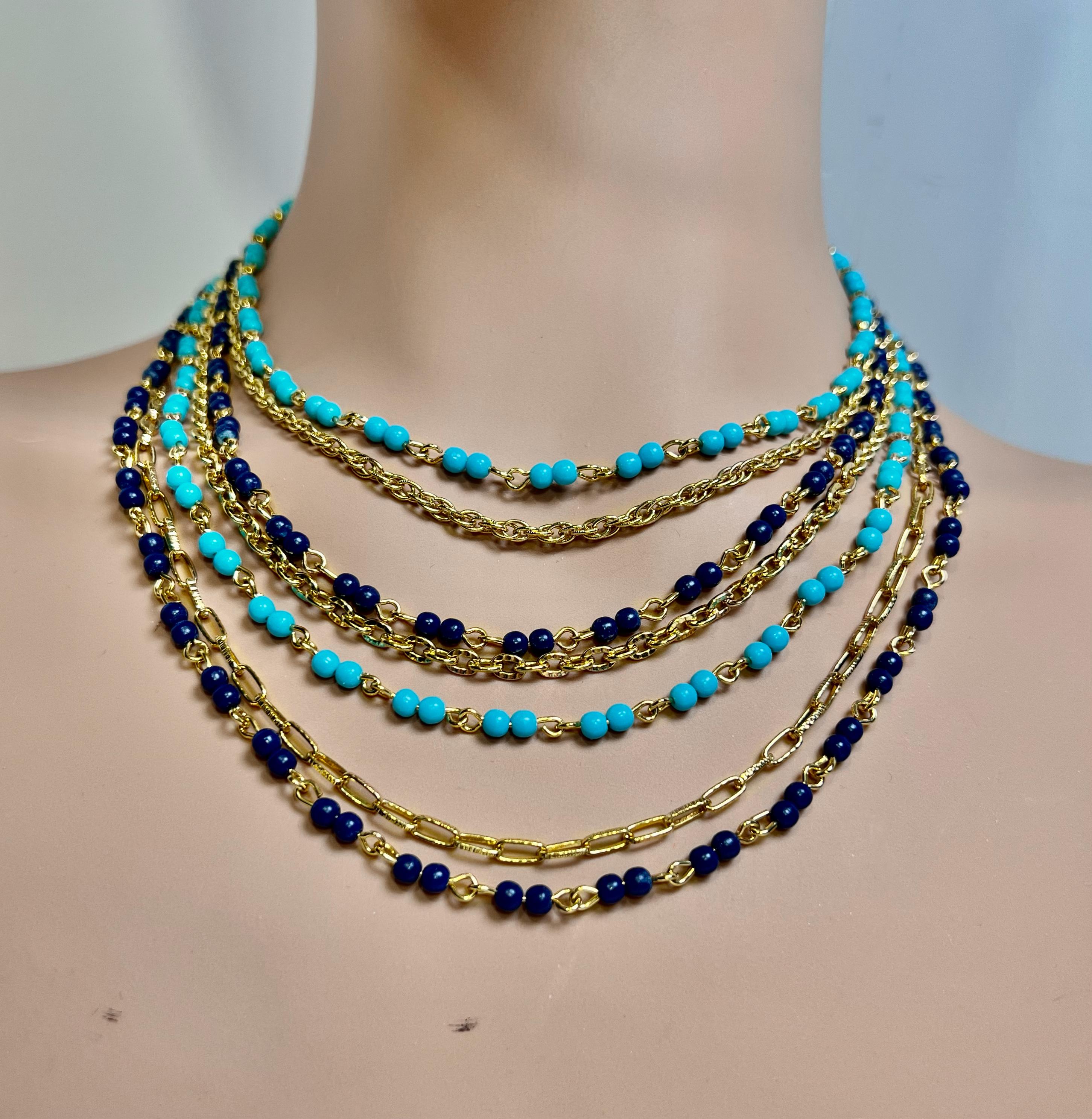 Artisan Vintage Italian Designer Turquoise Lapis Vermeil Multi Chain Necklace For Sale