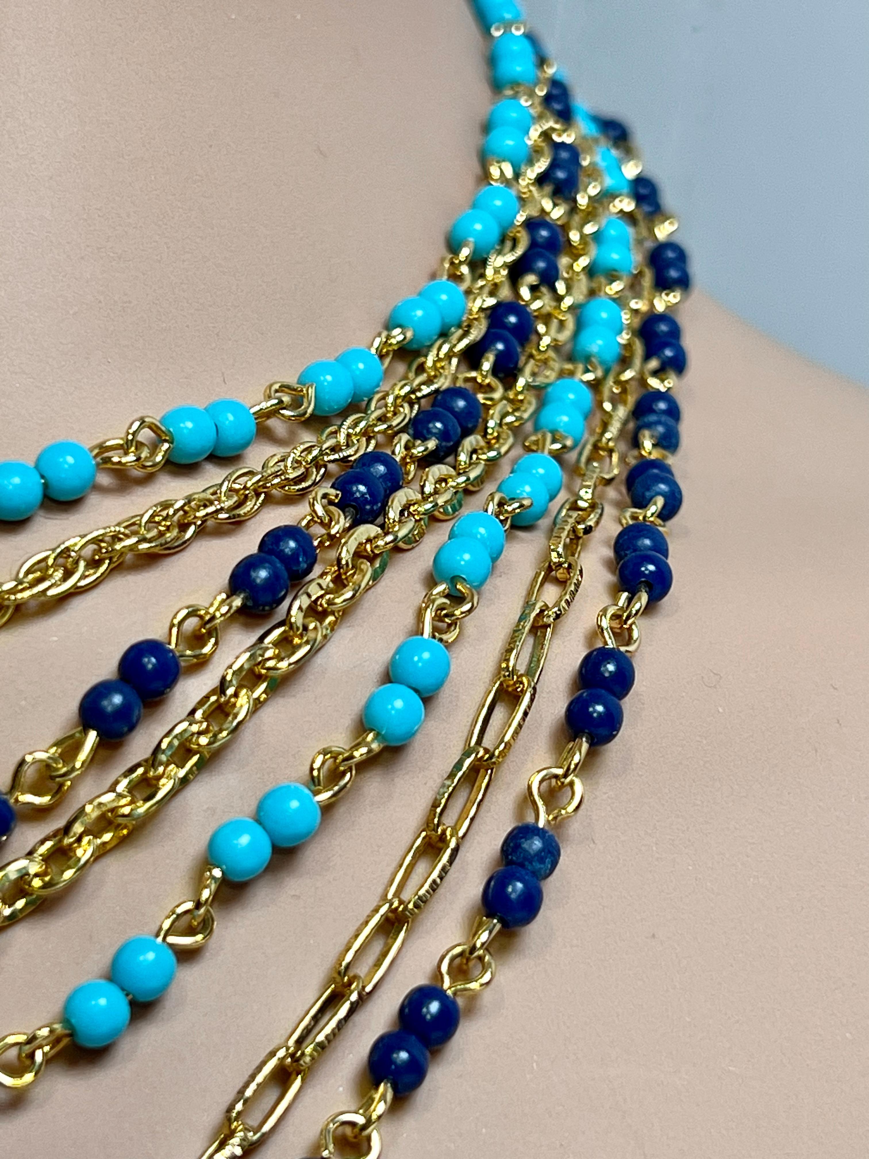 Ball Cut Vintage Italian Designer Turquoise Lapis Vermeil Multi Chain Necklace For Sale