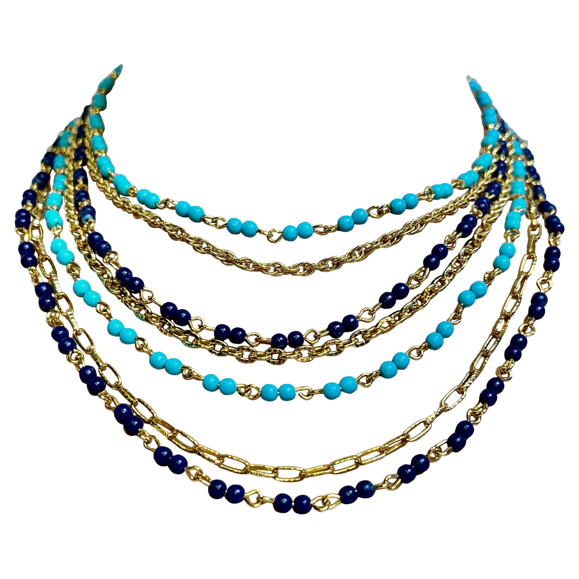 Vintage Italian Designer Turquoise Lapis Vermeil Multi Chain Necklace For Sale