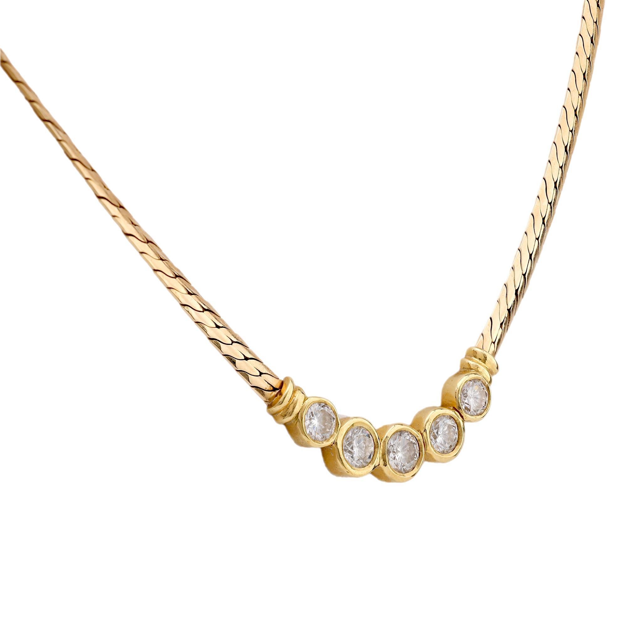Brilliant Cut Vintage Italian Diamond 14K Yellow Gold Five Stone Necklace