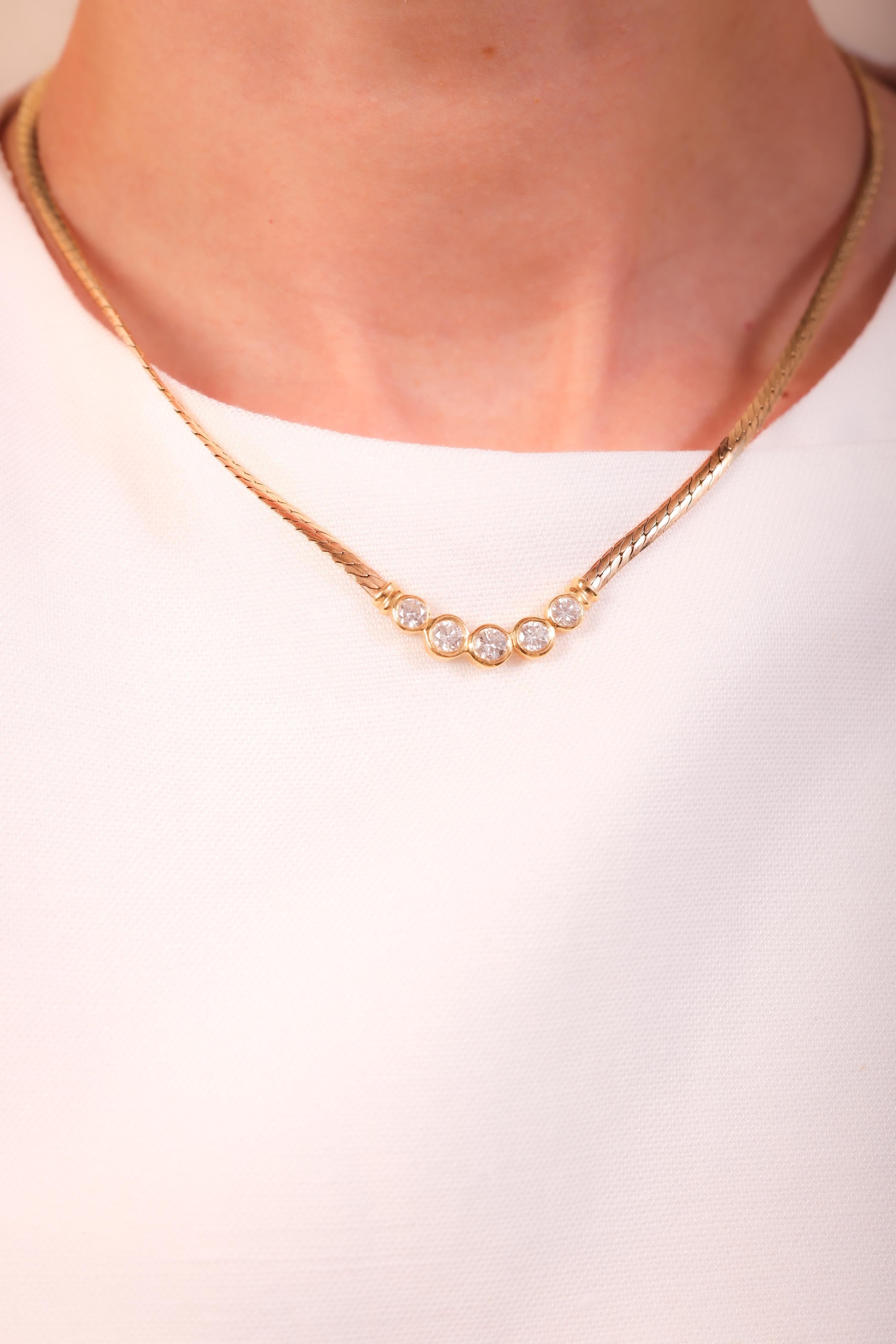 Vintage Italian Diamond 14K Yellow Gold Five Stone Necklace In Excellent Condition In Beverly Hills, CA