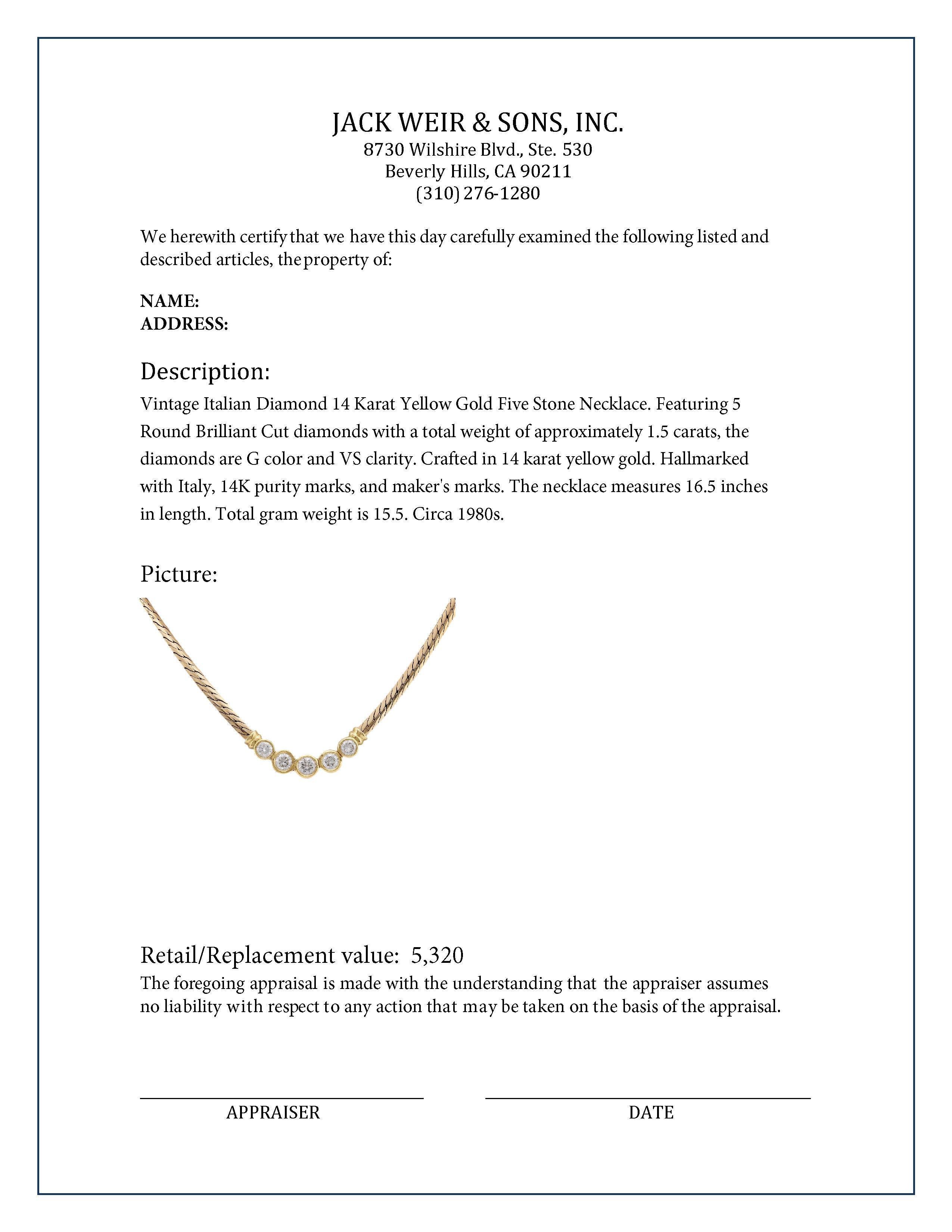 Women's or Men's Vintage Italian Diamond 14K Yellow Gold Five Stone Necklace