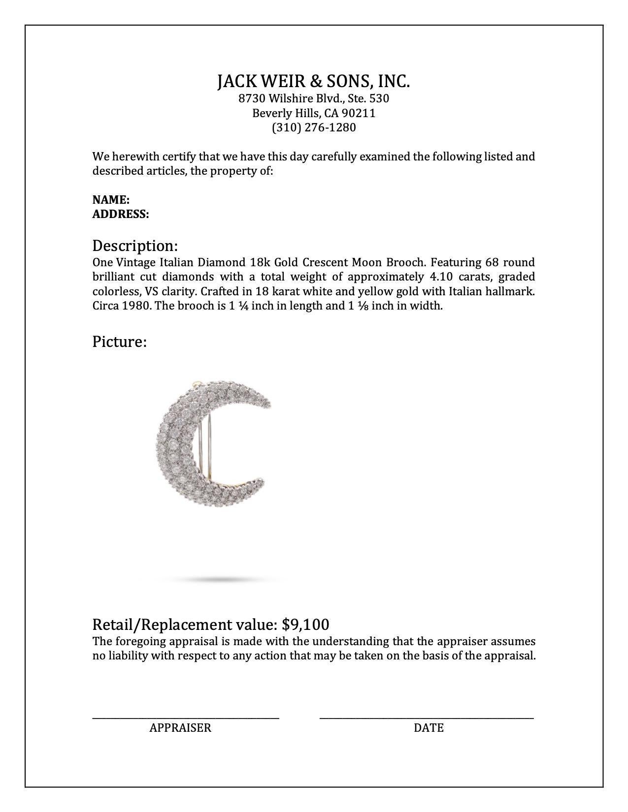 Vintage Italian Diamond 18k Gold Crescent Moon Brooch In Excellent Condition For Sale In Beverly Hills, CA