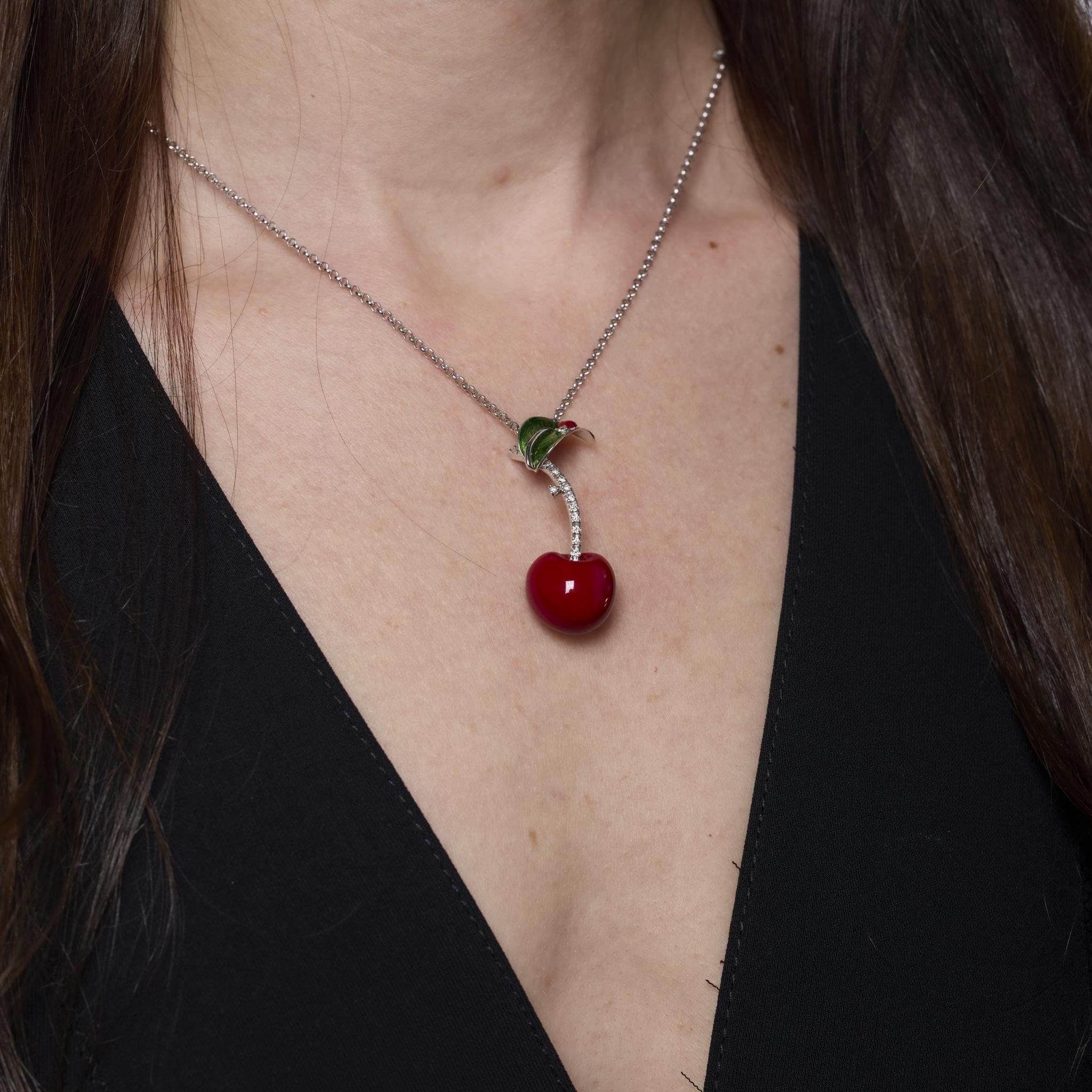 Brilliant Cut Vintage Italian diamond 18k white gold, silver, enamel cherry necklace For Sale