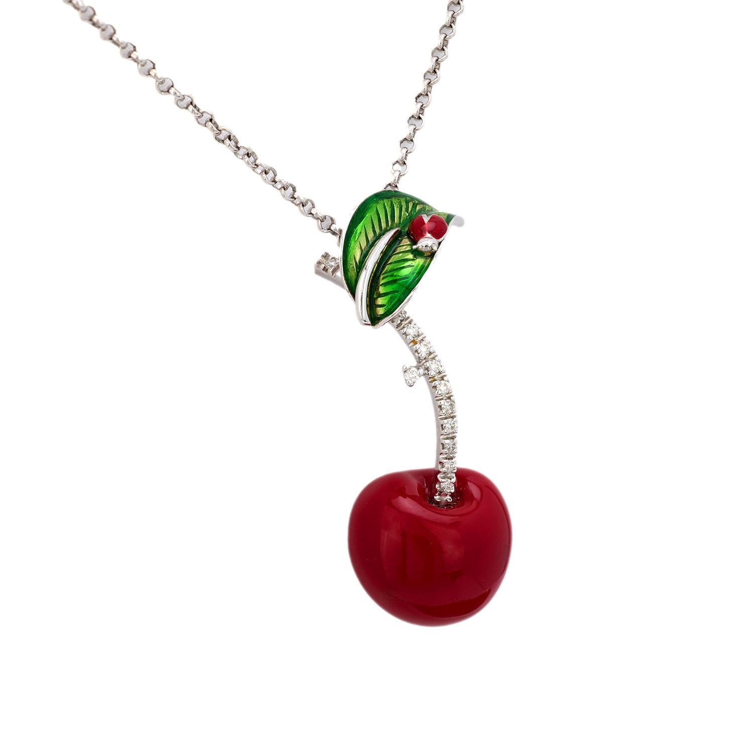 Vintage Italian diamond 18k white gold, silver, enamel cherry necklace In Good Condition For Sale In Beverly Hills, CA