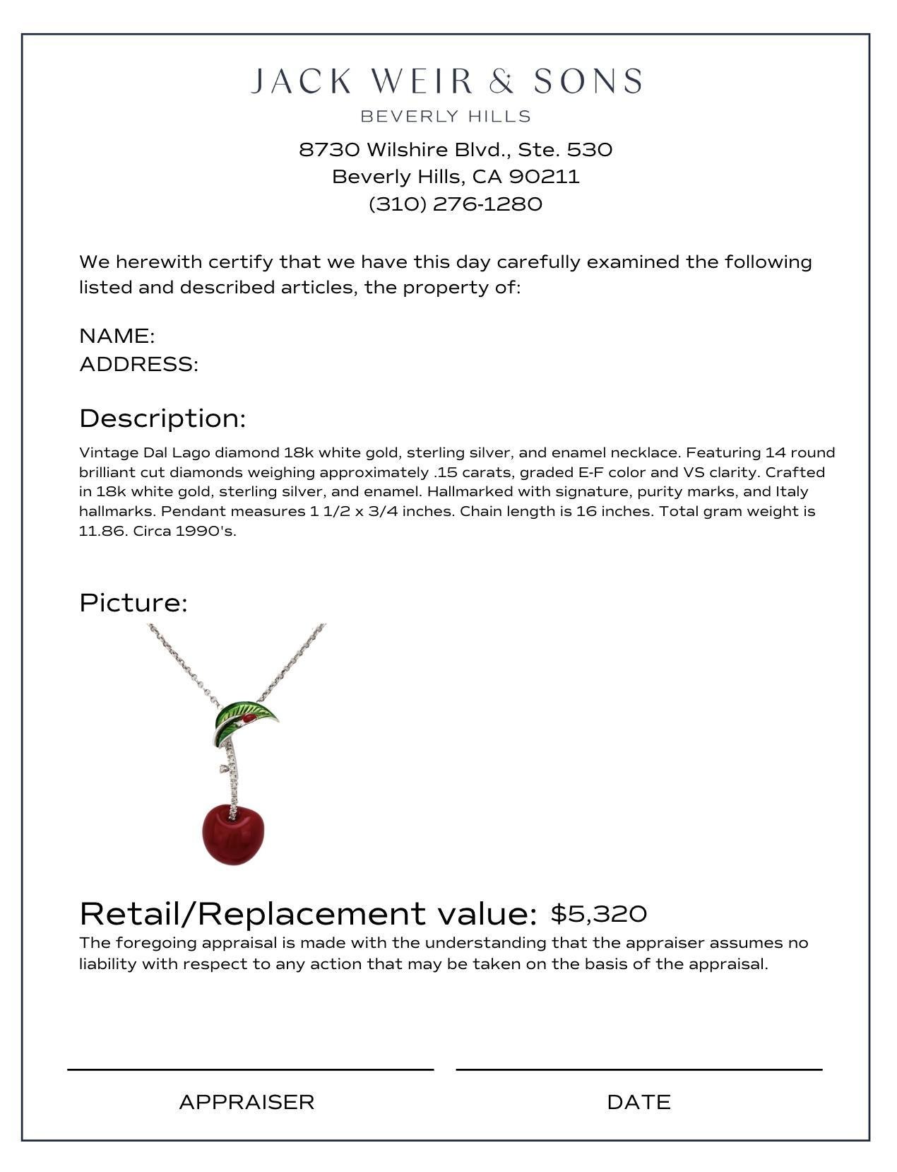Women's Vintage Italian diamond 18k white gold, silver, enamel cherry necklace For Sale