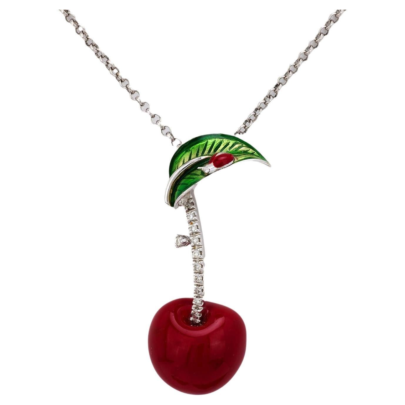 Vintage Italian diamond 18k white gold, silver, enamel cherry necklace For Sale