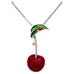 Vintage Italian diamond 18k white gold, silver, enamel cherry necklace