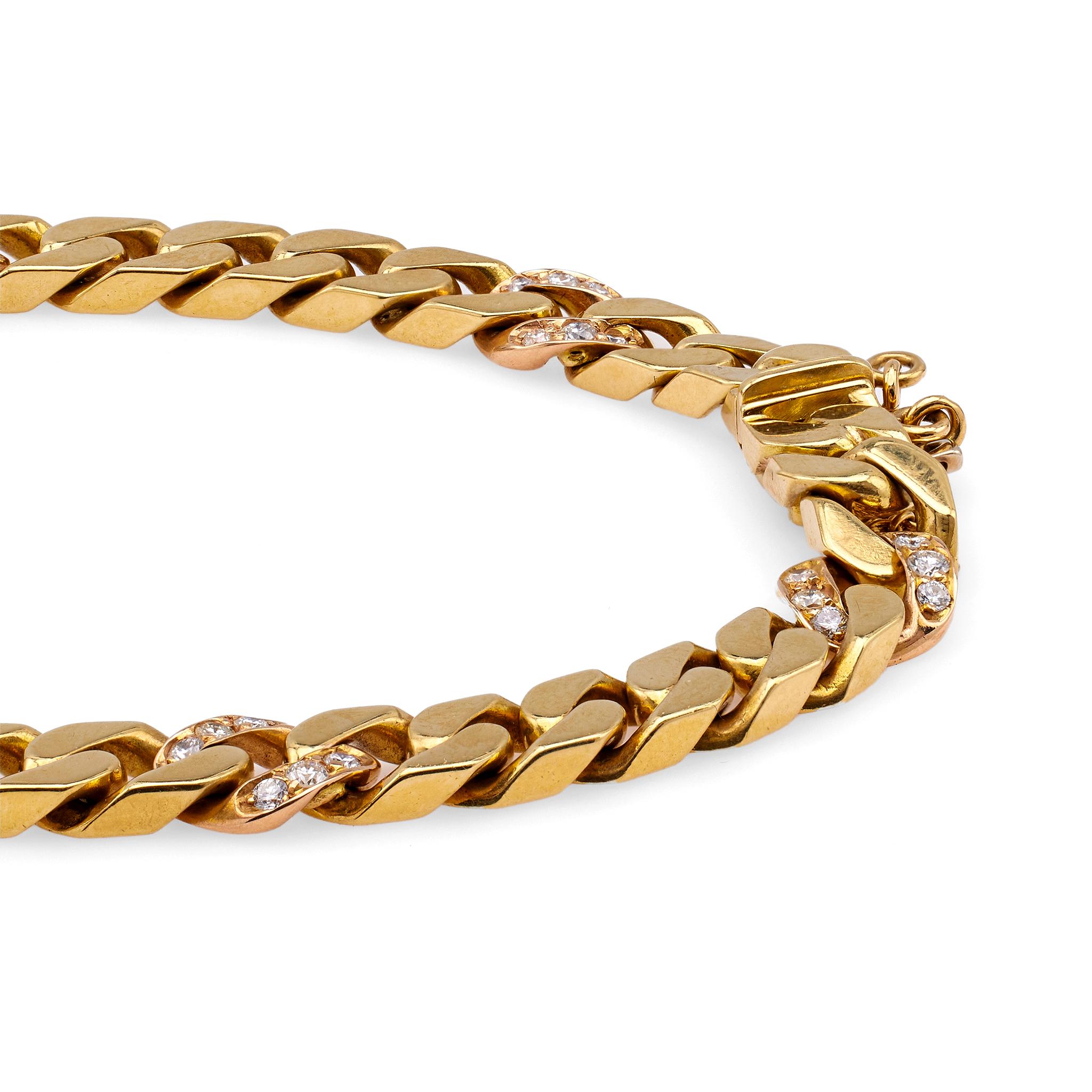 Women's or Men's Vintage Italian Diamond 18k Yellow Gold Curb Bracelet For Sale