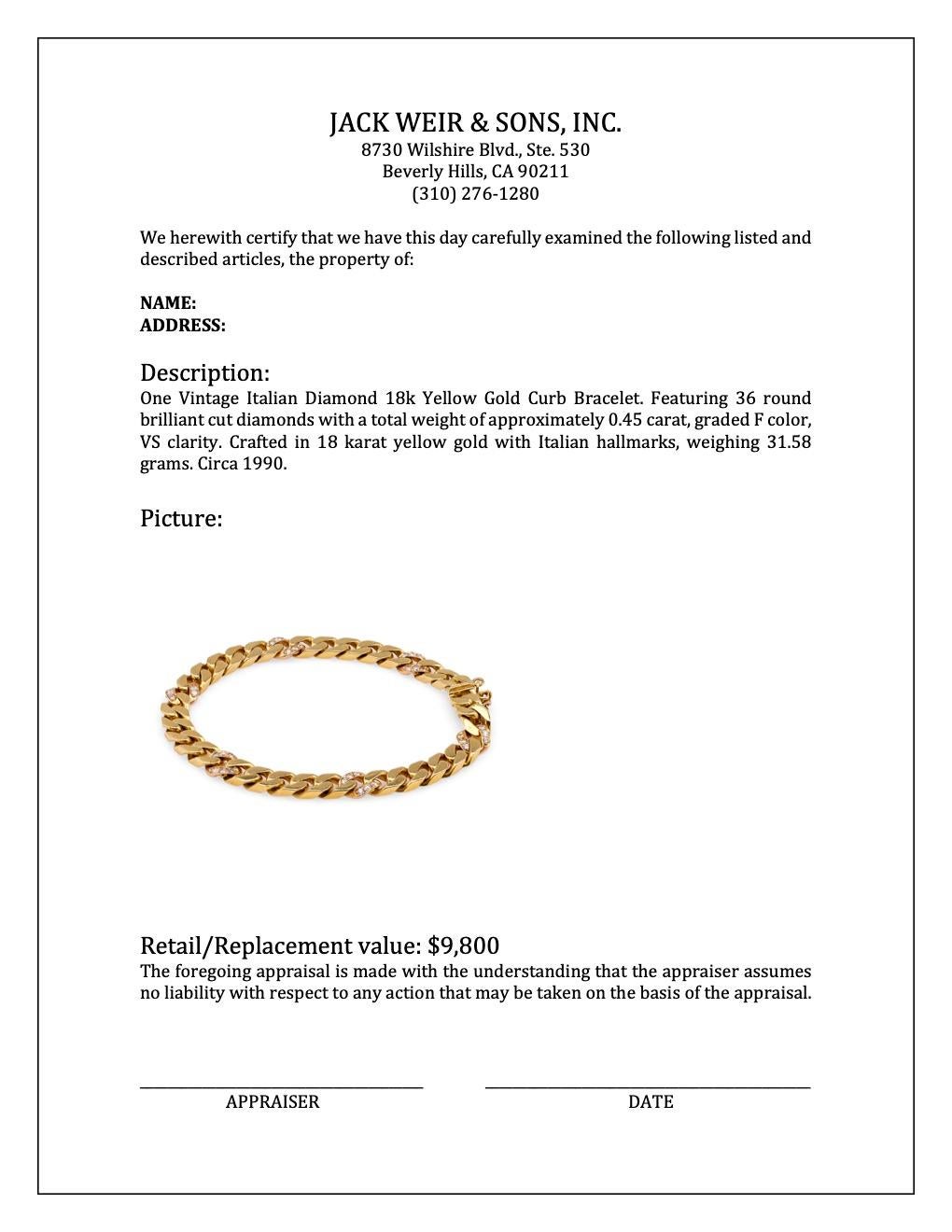 Vintage Italian Diamond 18k Yellow Gold Curb Bracelet For Sale 2