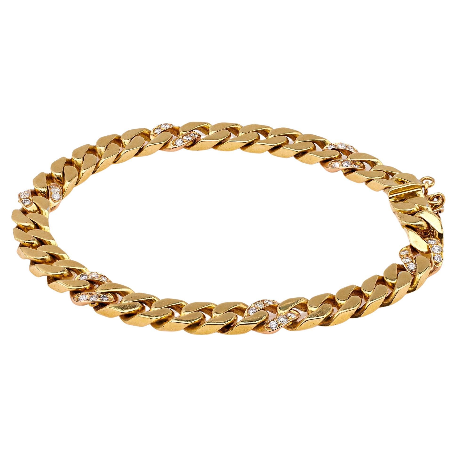 Vintage Italian Diamond 18k Yellow Gold Curb Bracelet