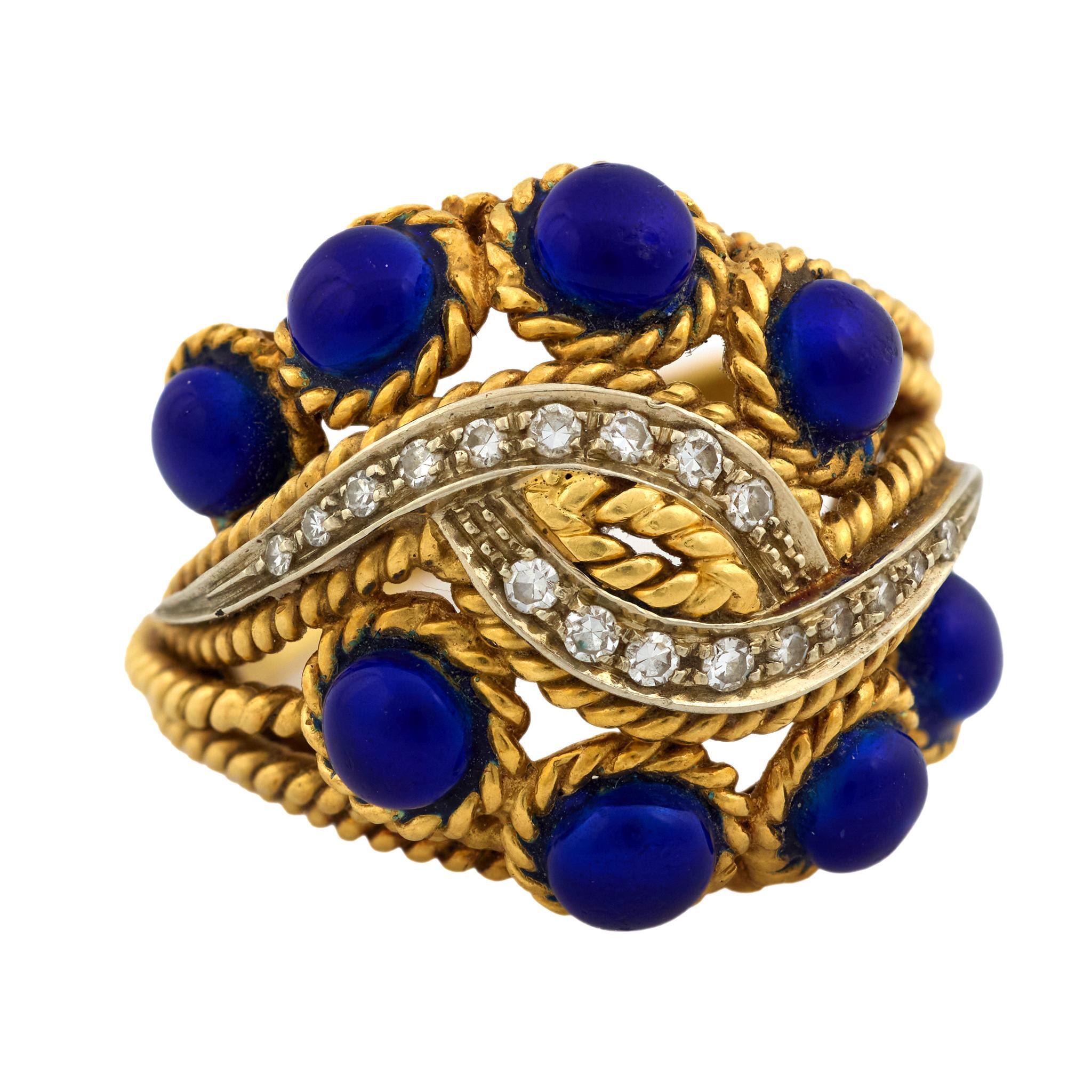 Anello cocktail italiano d'epoca con smalto e diamanti in oro giallo 18 carati In condizioni buone in vendita a Beverly Hills, CA