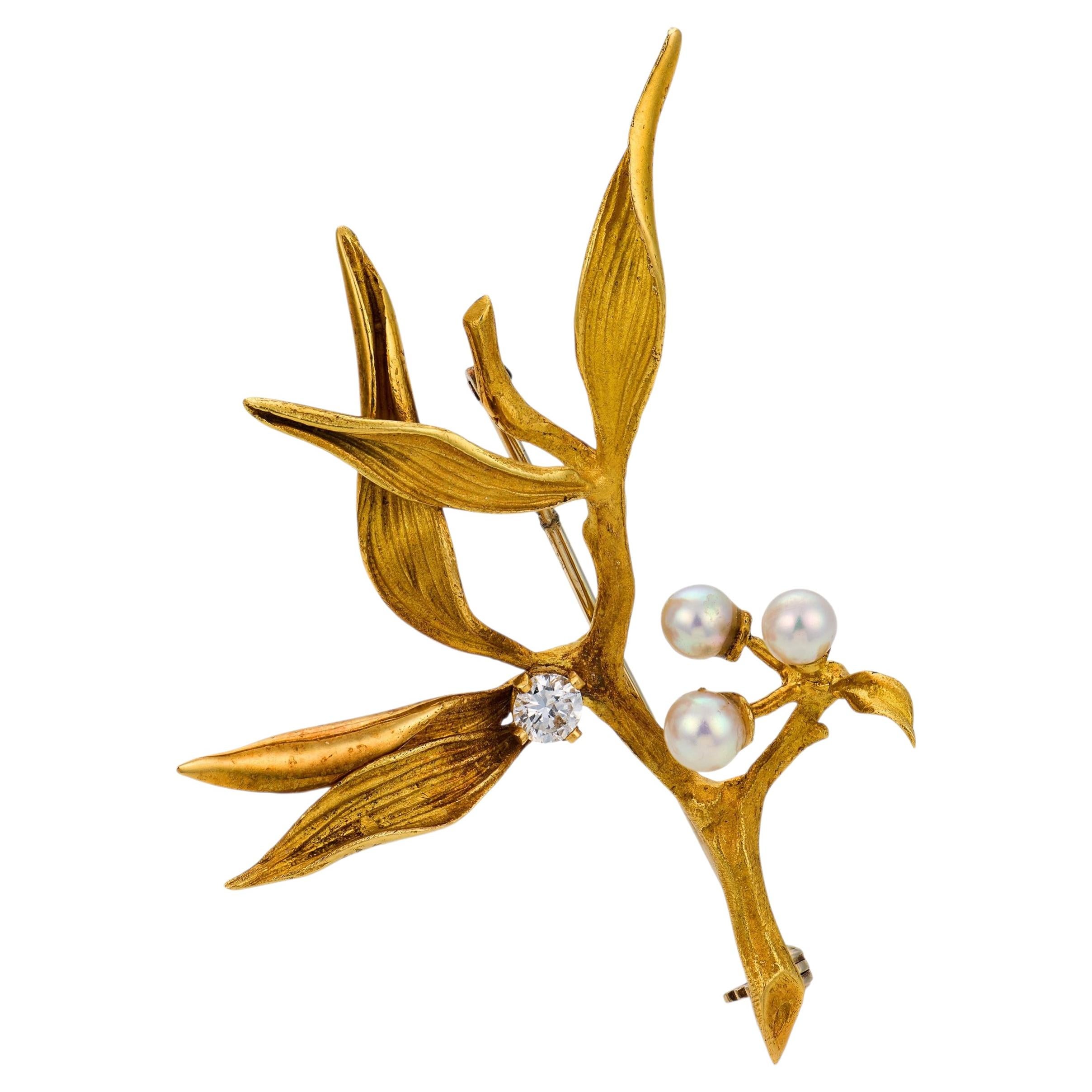 Broche vintage italienne à motif floral, en or jaune 18 carats, sertie de diamants et de perles