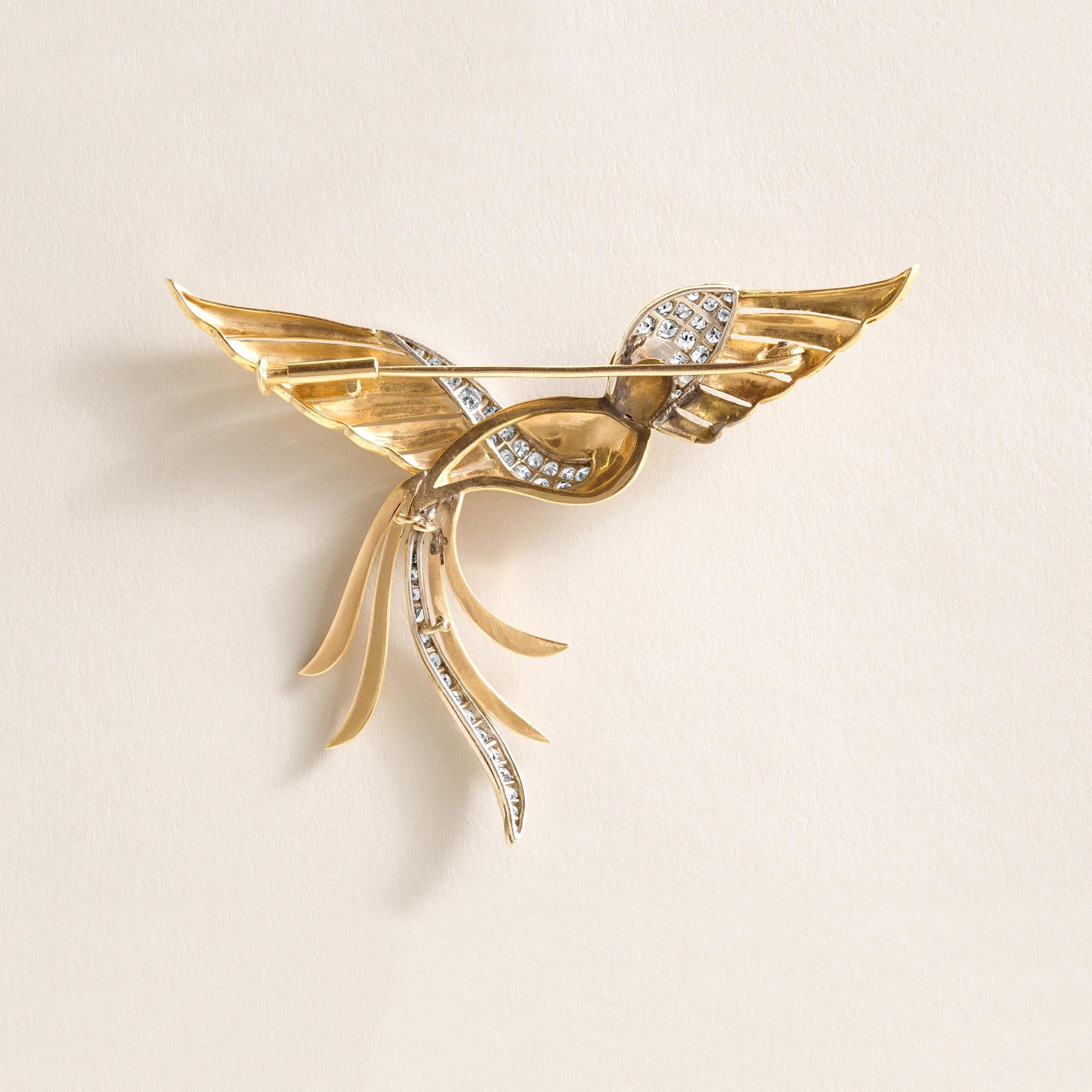 Single Cut Vintage Italian Diamond Phoenix Bird Brooch 18k and Platinum For Sale