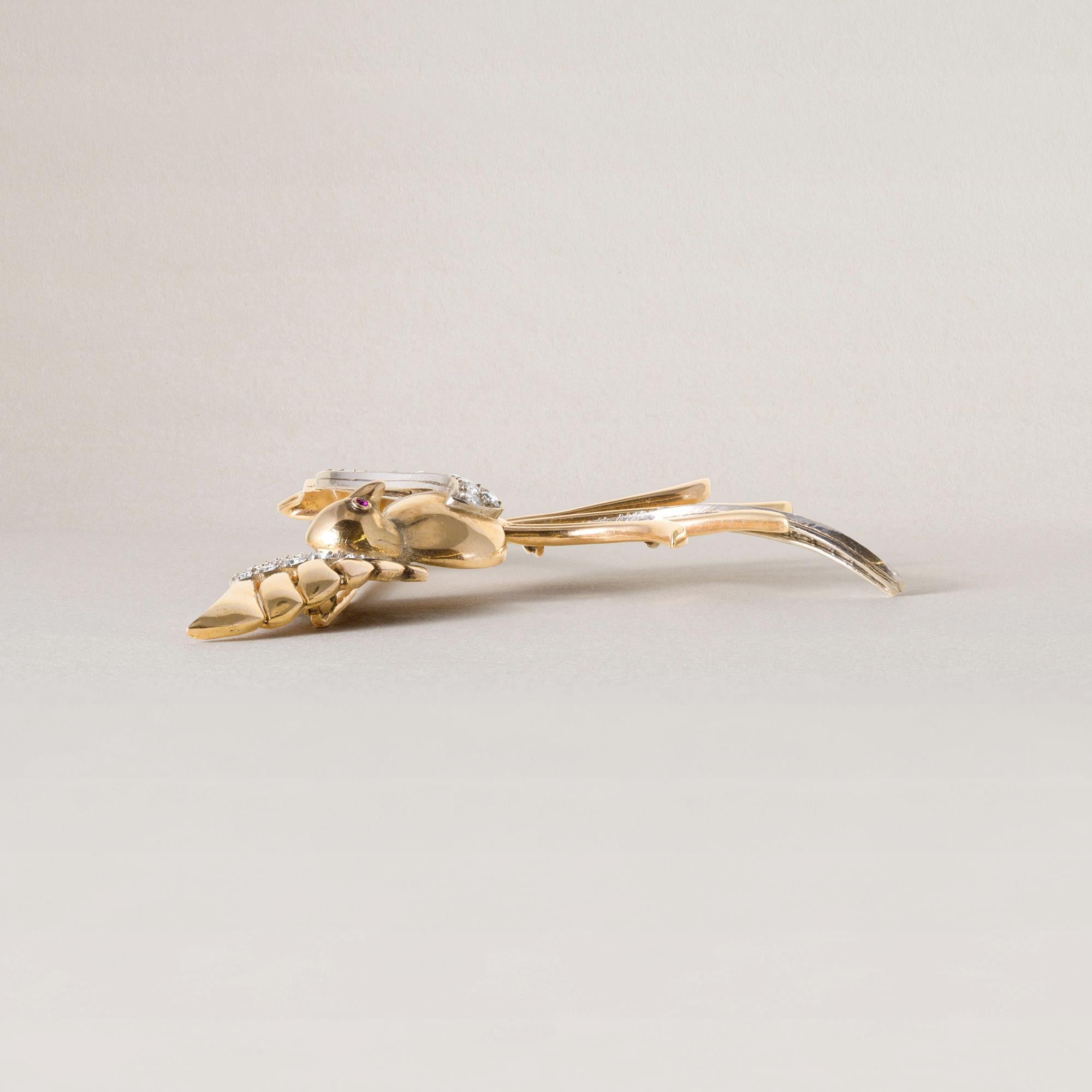 Women's Vintage Italian Diamond Phoenix Bird Brooch 18k and Platinum For Sale