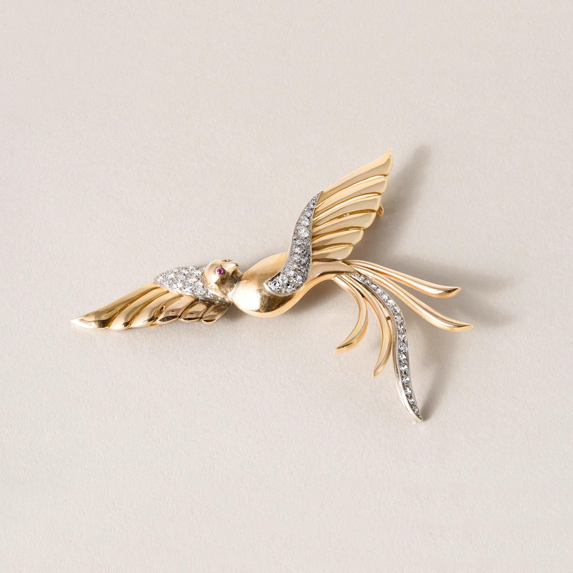 Vintage Italian Diamond Phoenix Bird Brooch 18k and Platinum For Sale 1