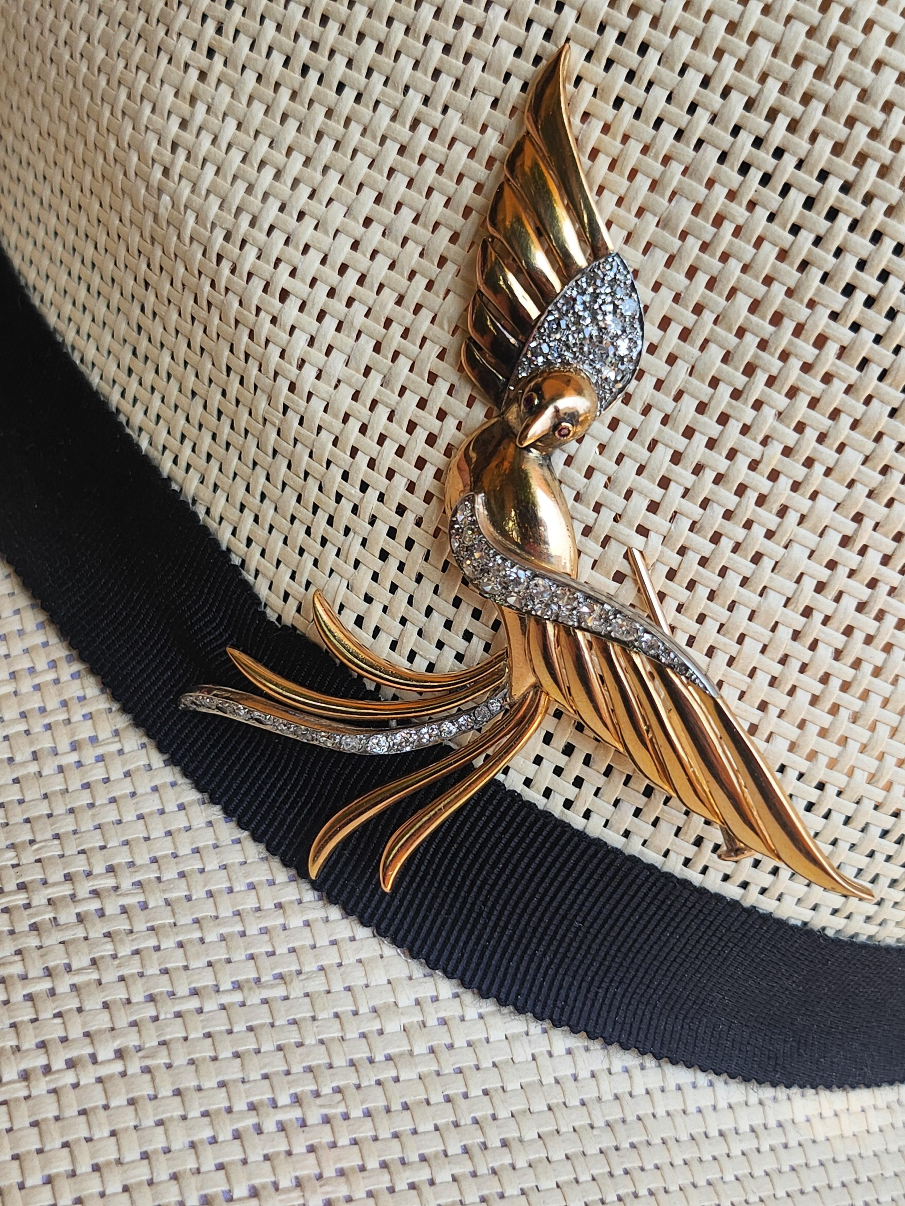 Vintage Italian Diamond Phoenix Bird Brooch 18k and Platinum For Sale 2