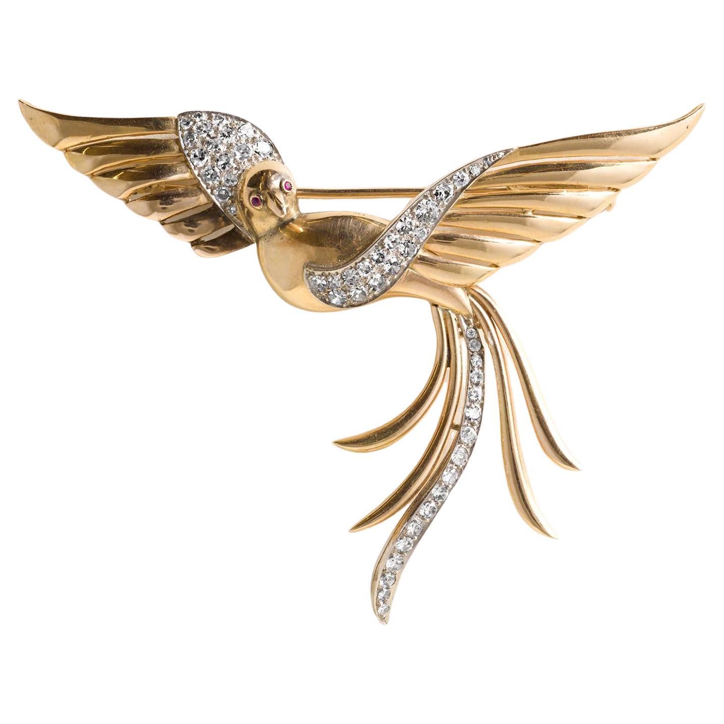 Vintage Italian Diamond Phoenix Bird Brooch 18k and Platinum For Sale