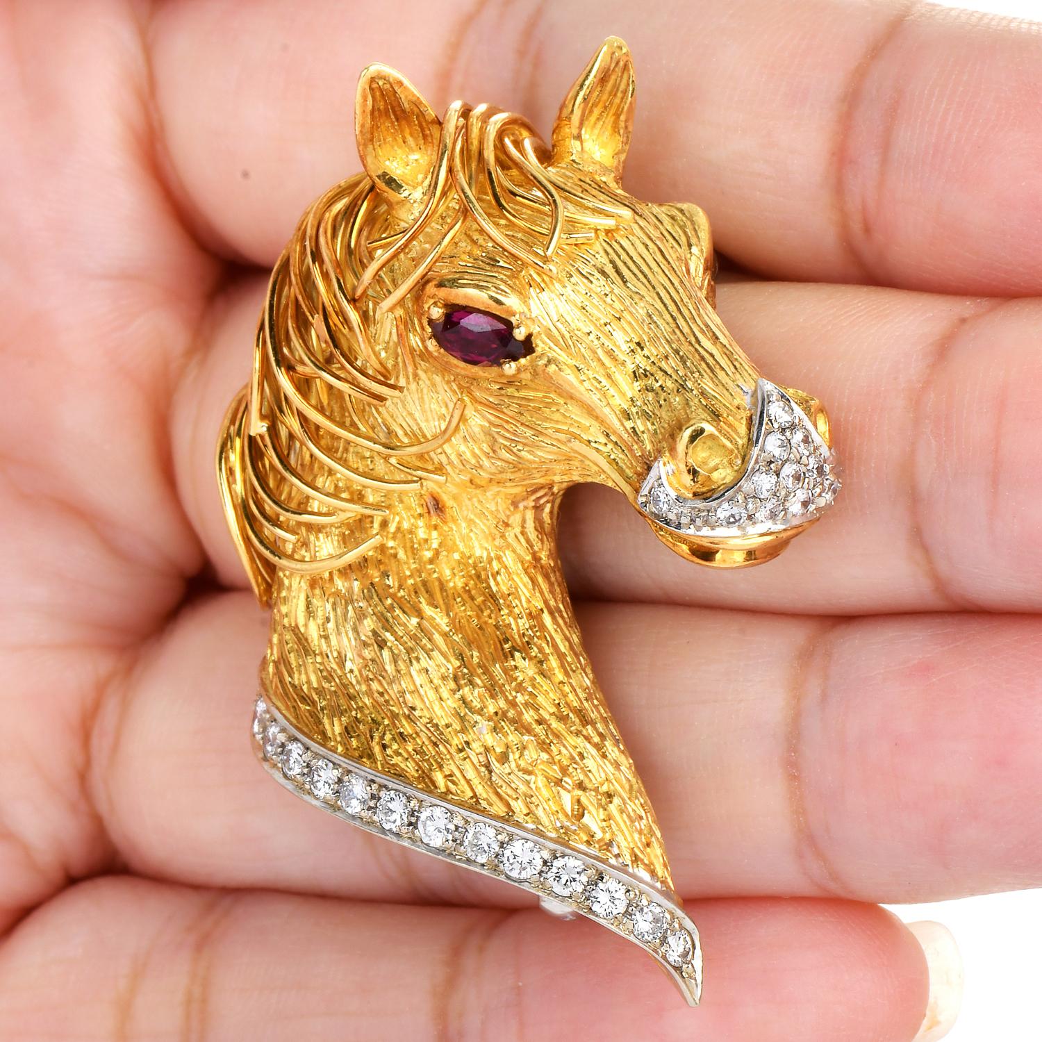 Art Nouveau Vintage Italian Diamond Ruby 18K  Gold Horse Head Brooch Pin For Sale