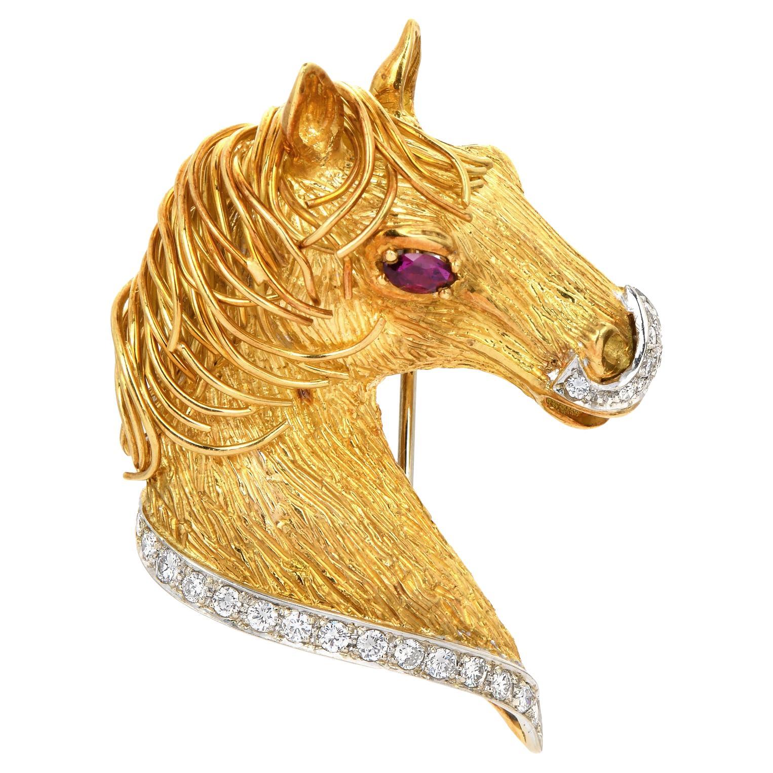 Vintage Italian Diamond Ruby 18K  Gold Horse Head Brooch Pin For Sale