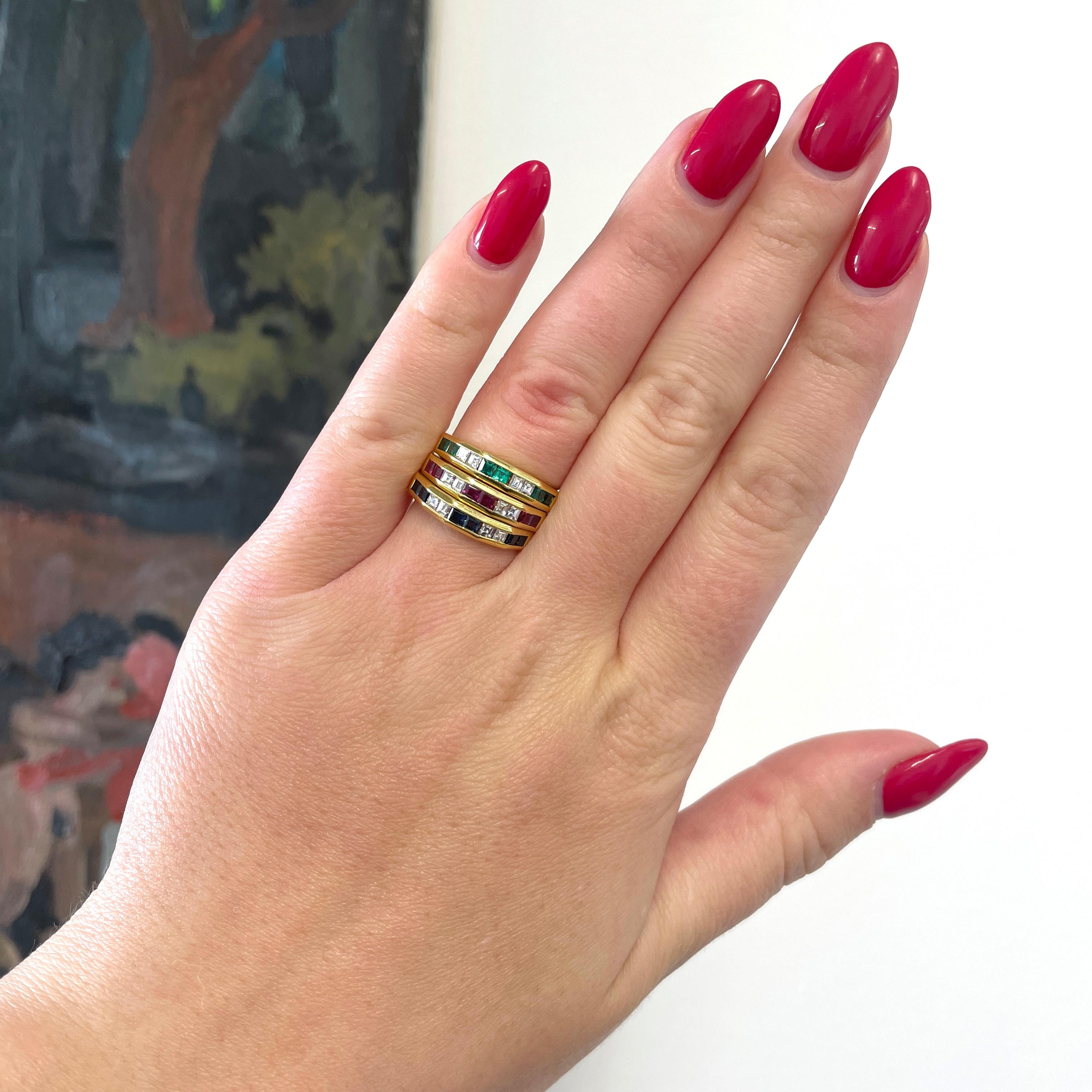 Are you charismatic, fun and love color? This Vintage Italian Diamond Sapphire Emerald Ruby 18k Gold Stacking Eternity Bands are for you! Super fun and colorful. Wear them at ones or stack individually with your other favorite jewelry. You can even