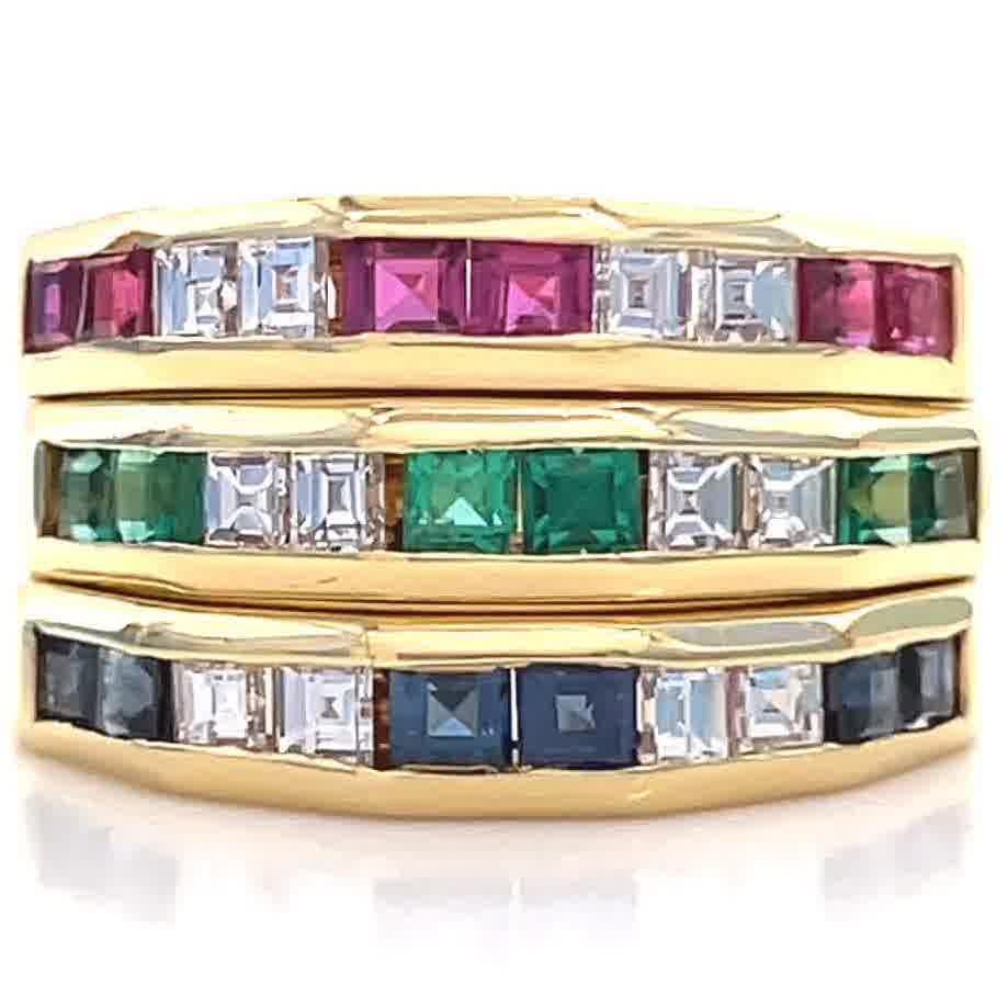 Square Cut Vintage Italian Diamond Sapphire Emerald Ruby 18K Gold Stacking Eternity Bands