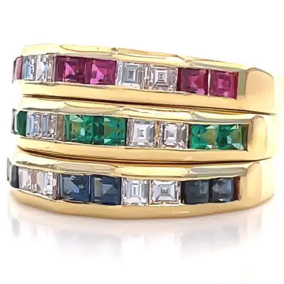 Vintage Italian Diamond Sapphire Emerald Ruby 18K Gold Stacking Eternity Bands In Excellent Condition In Beverly Hills, CA