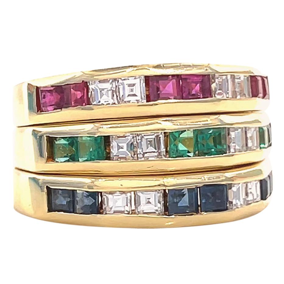 Vintage Italian Diamond Sapphire Emerald Ruby 18K Gold Stacking Eternity Bands