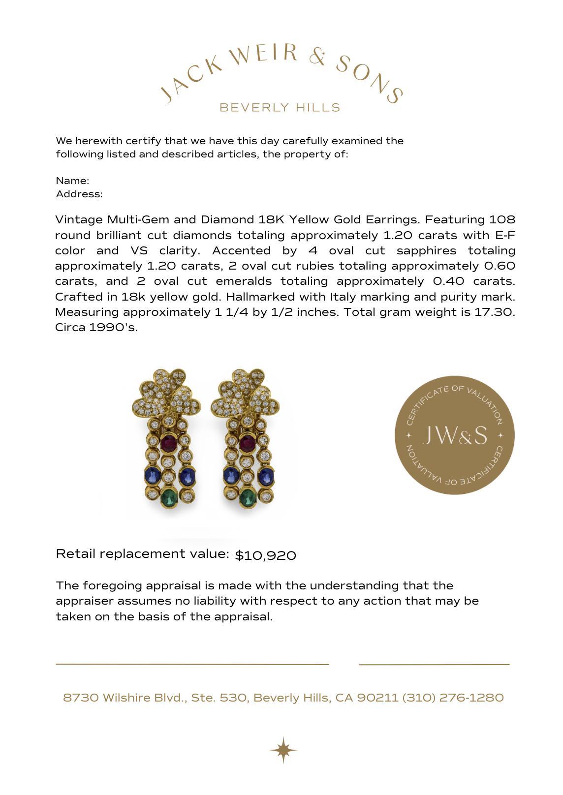 Boucles d'oreilles pendantes en or jaune 18k avec diamant, saphir, rubis et émeraude. en vente 2