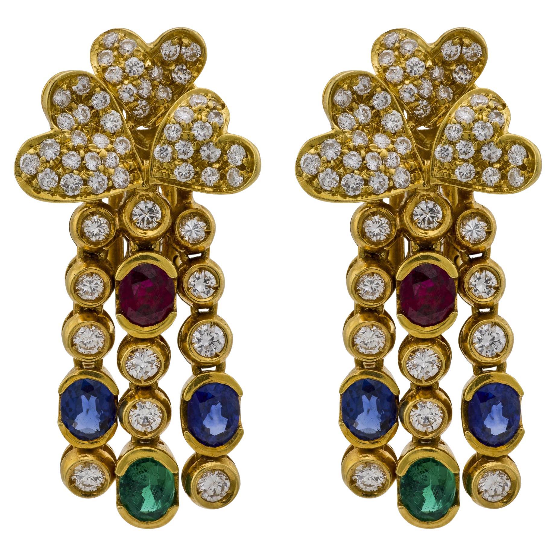 Orecchini pendenti in oro giallo 18 carati con diamante, zaffiro, rubino e smeraldo, Vintage By