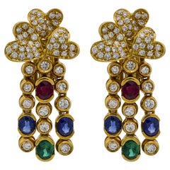 Vintage Italian diamond sapphire ruby emerald 18k yellow gold dangle earrings