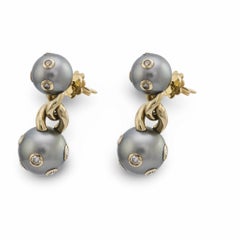 Boucles d'oreilles pendantes italiennes vintage en or jaune 18k avec diamants et perles de Tahiti
