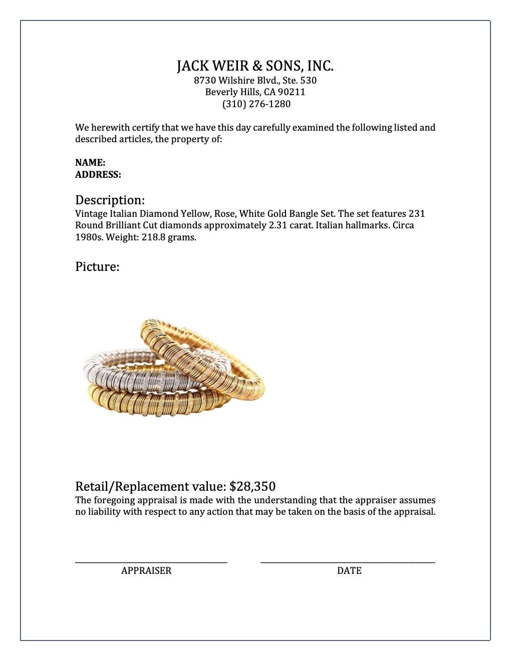 Women's or Men's Vintage Italian Diamond Yellow, Rose, White Gold Bangle Set