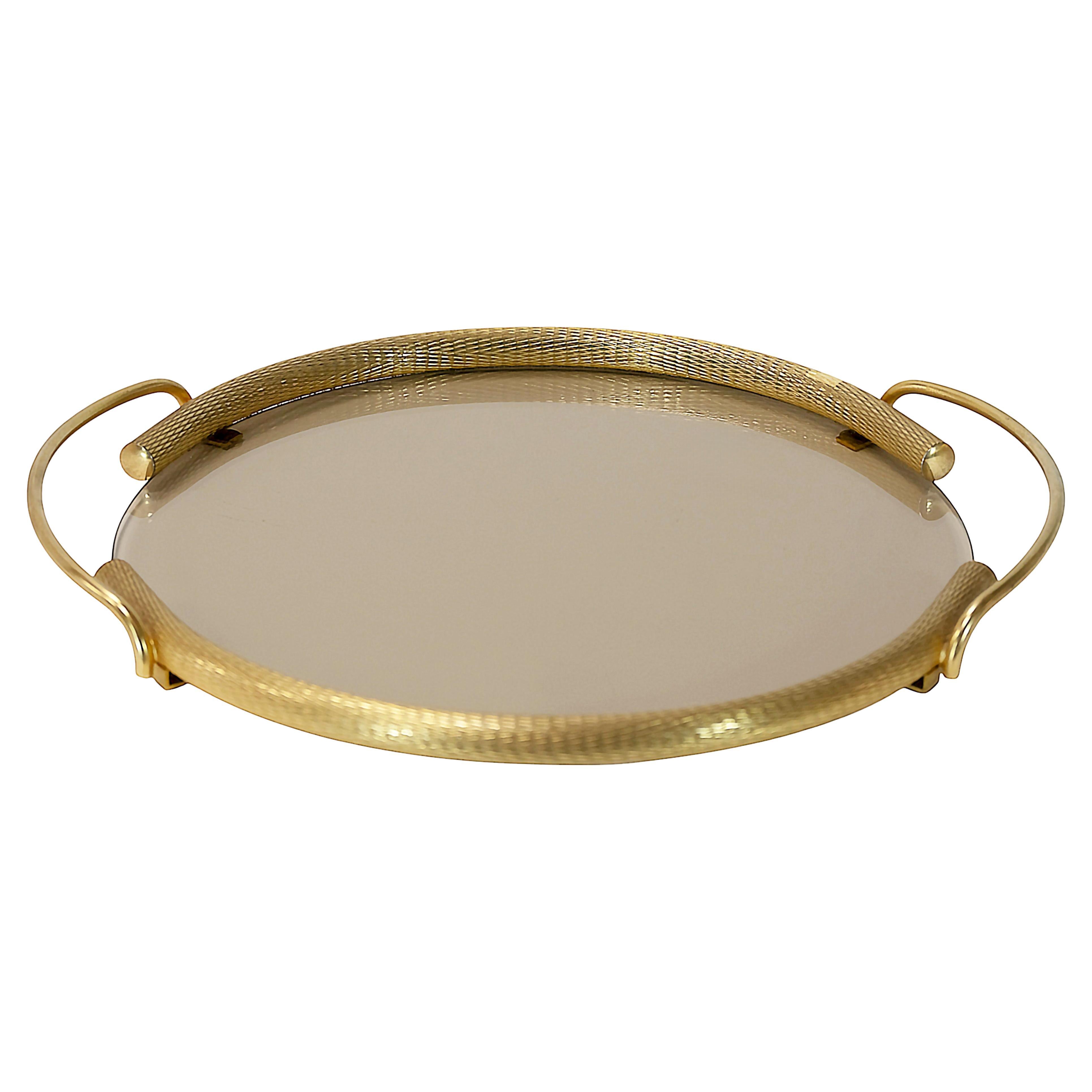 Bandeja de latón dorado y cristal Vintage Italian Dimart en venta