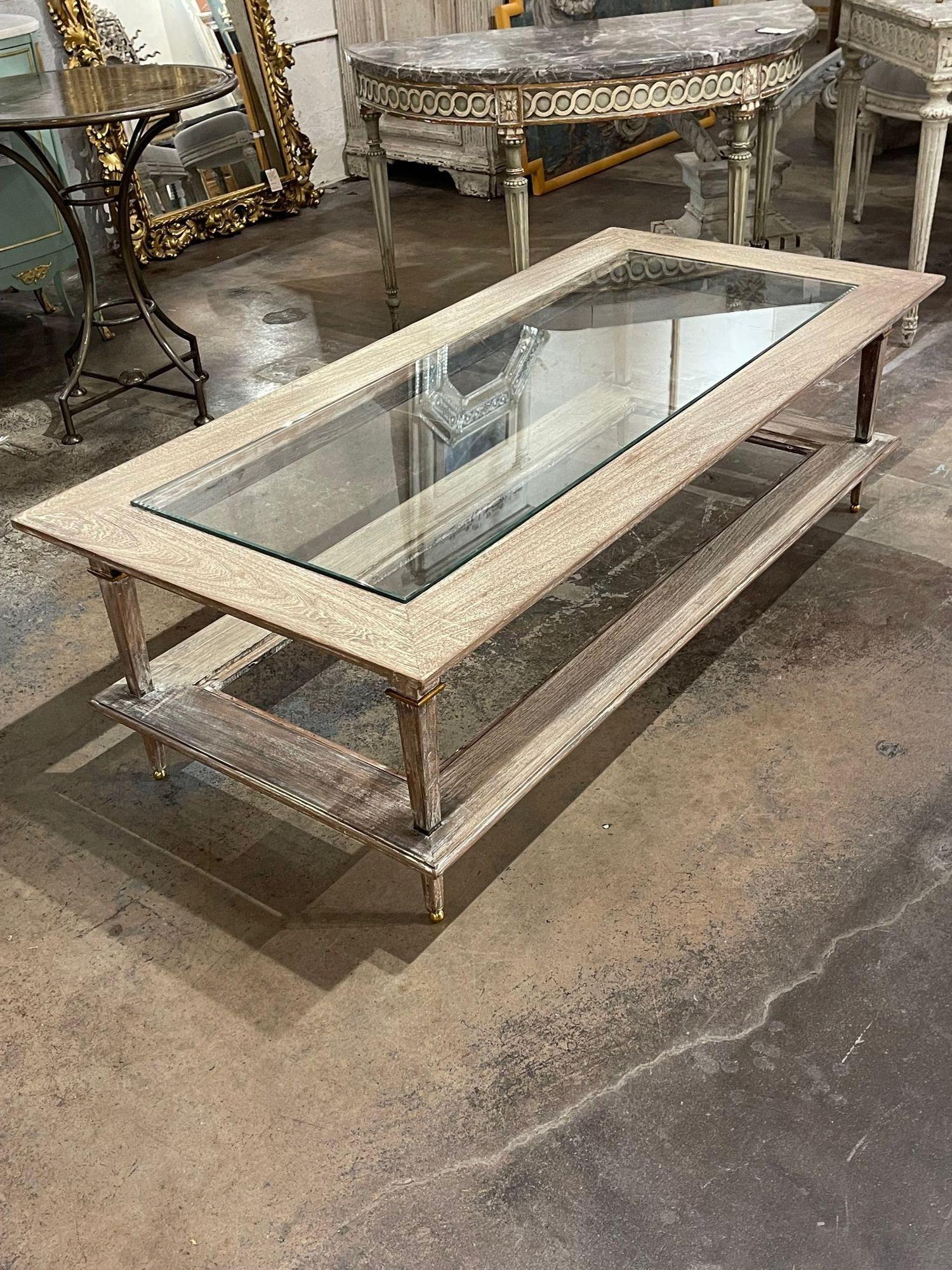 Glass Vintage Italian Directoire Style Pickled Oak and Brass Coffee Table