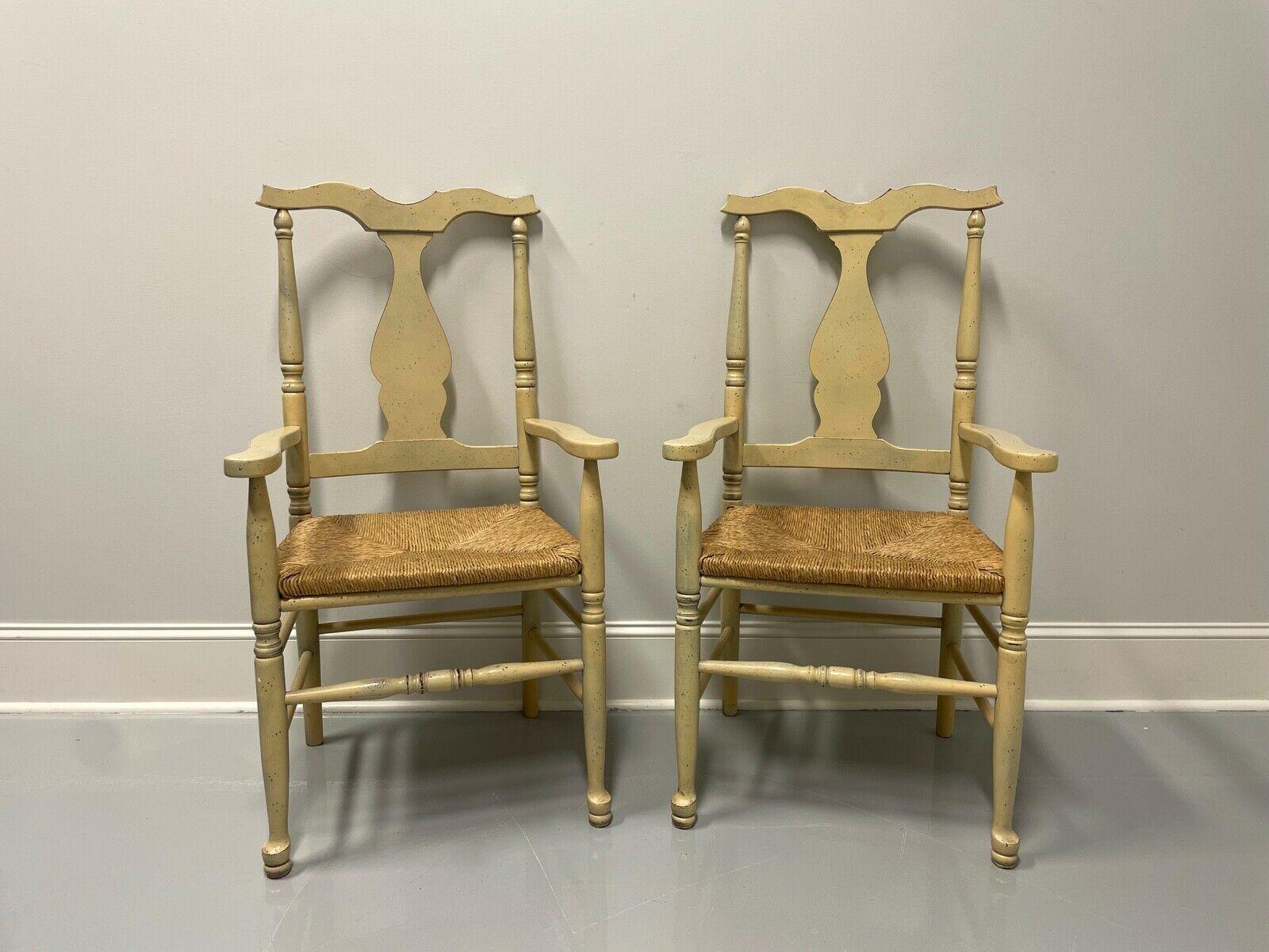 Vintage Italian Distressed Creamy Yellow Painted Rush Seat Armchairs - Pair For Sale 4