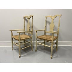 Vintage Italian Distressed Creamy Yellow Painted Rush Seat Armchairs - Pair