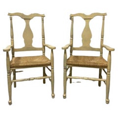 Vintage Italian Distressed Creamy Yellow Painted Rush Seat Armchairs - Pair