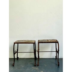 Tables vintage italiennes en fer forgé vieilli et carreaux de céramique