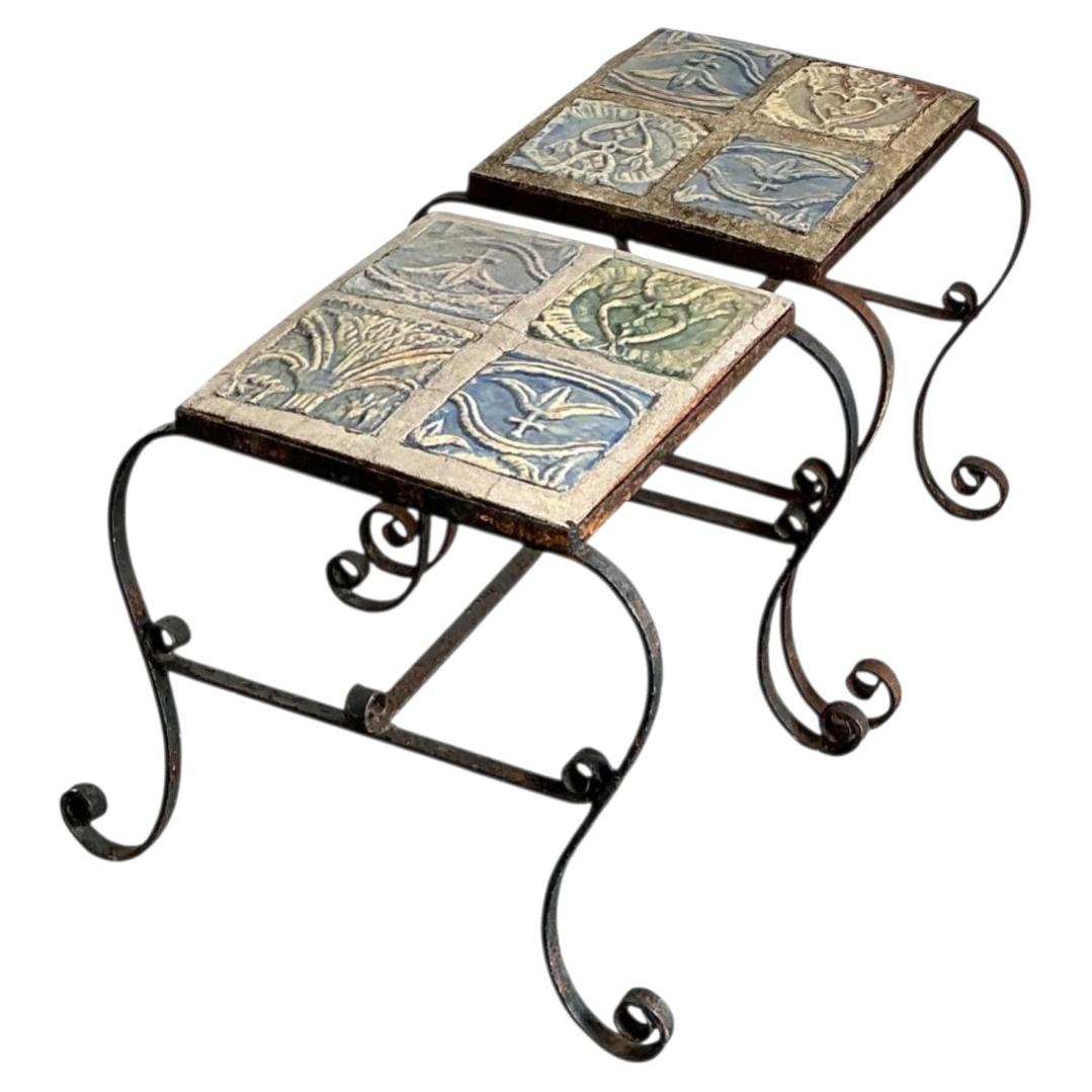 Vintage Italian Distressed Wrought Iron and Ceramic Tile Tables For Sale