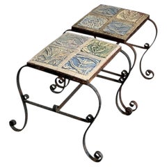 Tables vintage italiennes en fer forgé vieilli et carreaux de céramique