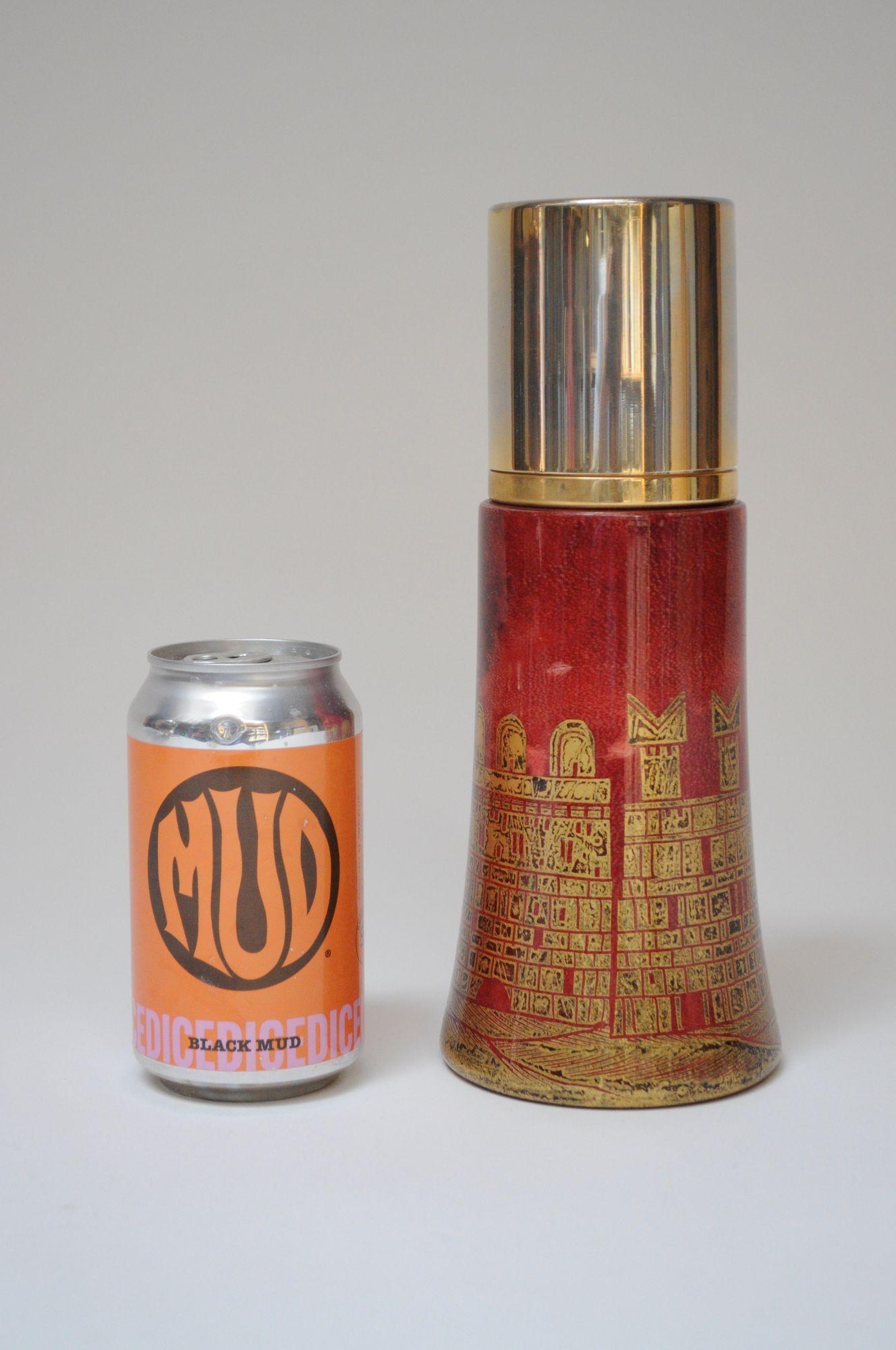 Mid-Century Modern Vintage Italian Dyed Red Goatskin and Brass Cocktail Shaker by Aldo Tura For Sale