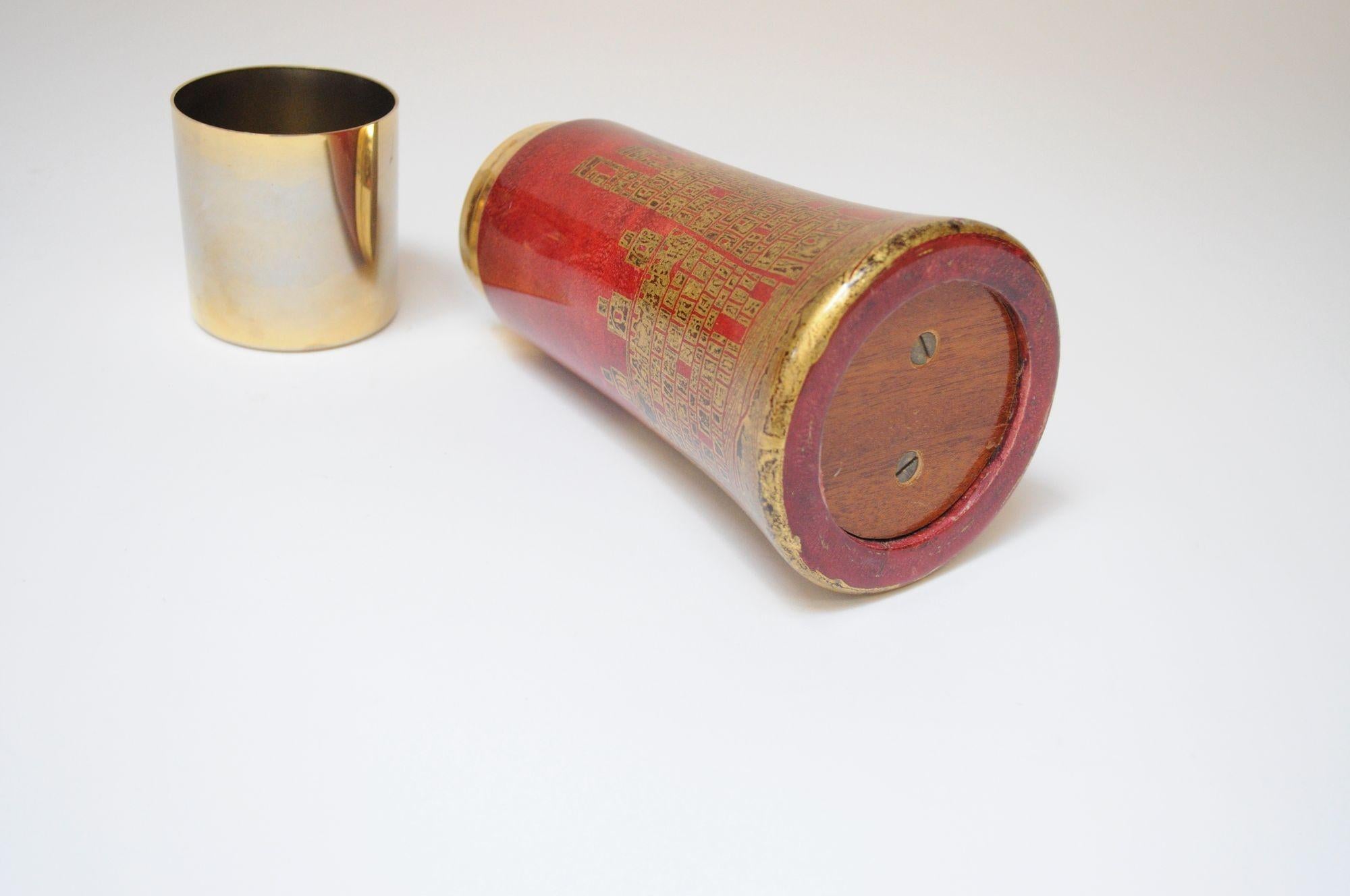Mid-20th Century Vintage Italian Dyed Red Goatskin and Brass Cocktail Shaker by Aldo Tura For Sale
