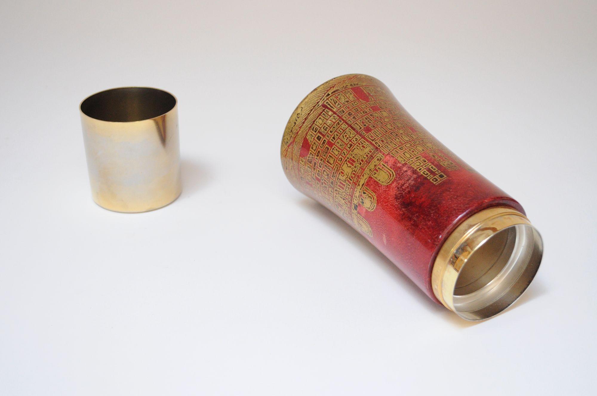 Stainless Steel Vintage Italian Dyed Red Goatskin and Brass Cocktail Shaker by Aldo Tura For Sale