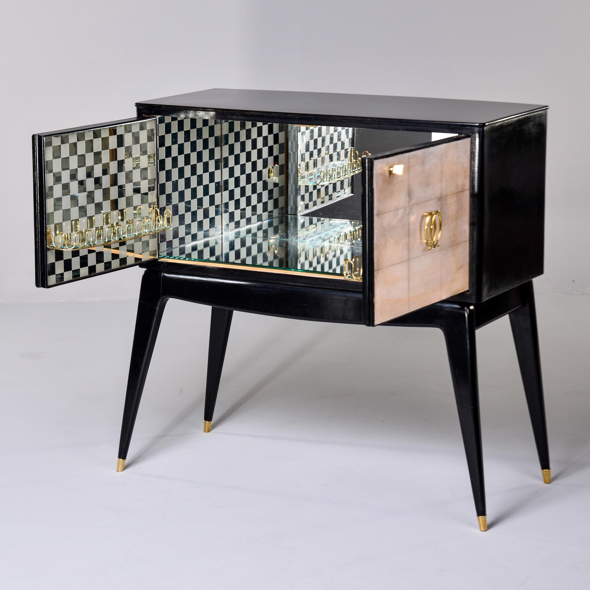 Mid-Century Modern Vintage Italian Ebonised Cabinet with Parchment Doors & Brass Hardware For Sale