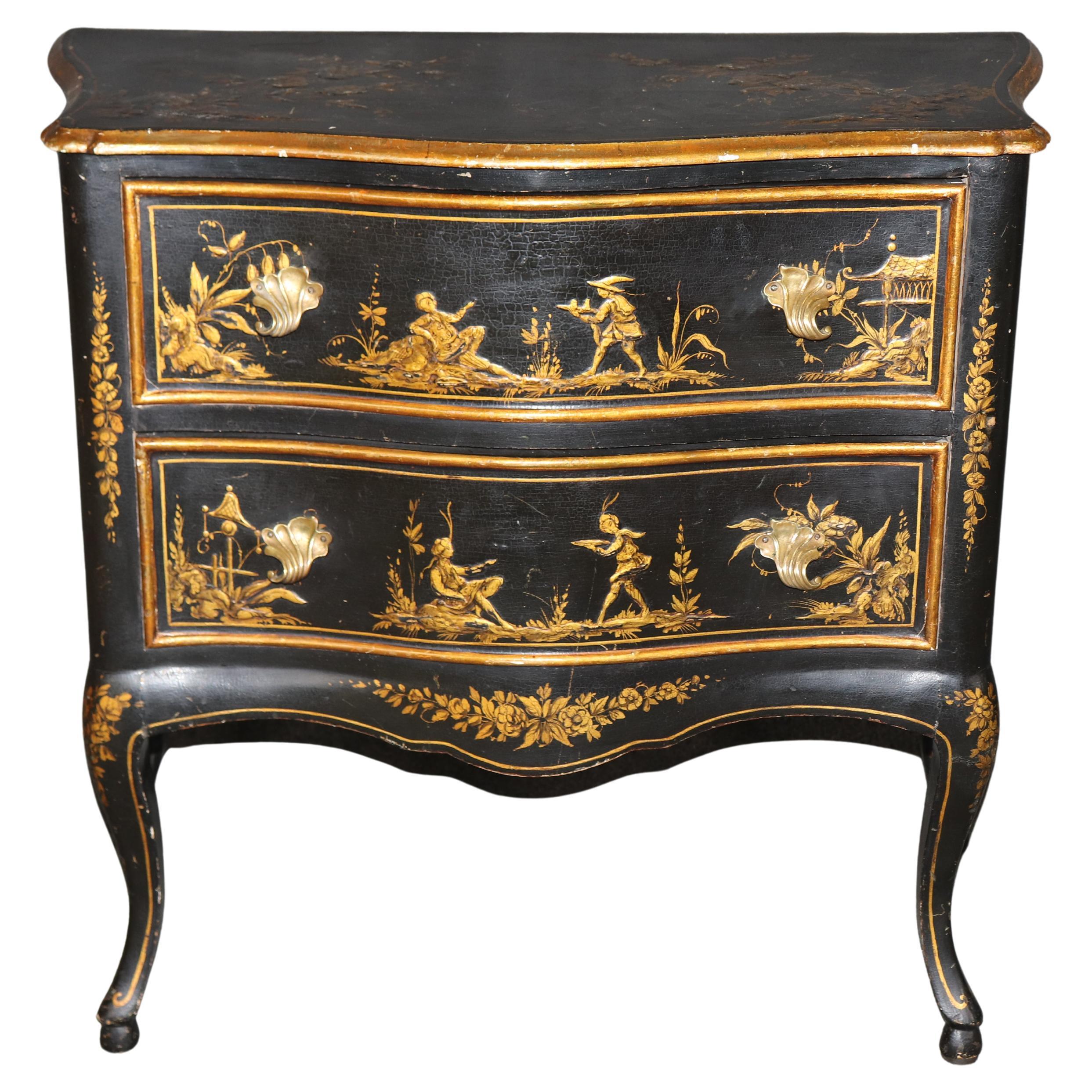 Vintage Italian Ebonized Chinoiserie Style Brass Mounted Paint Decorated Commode