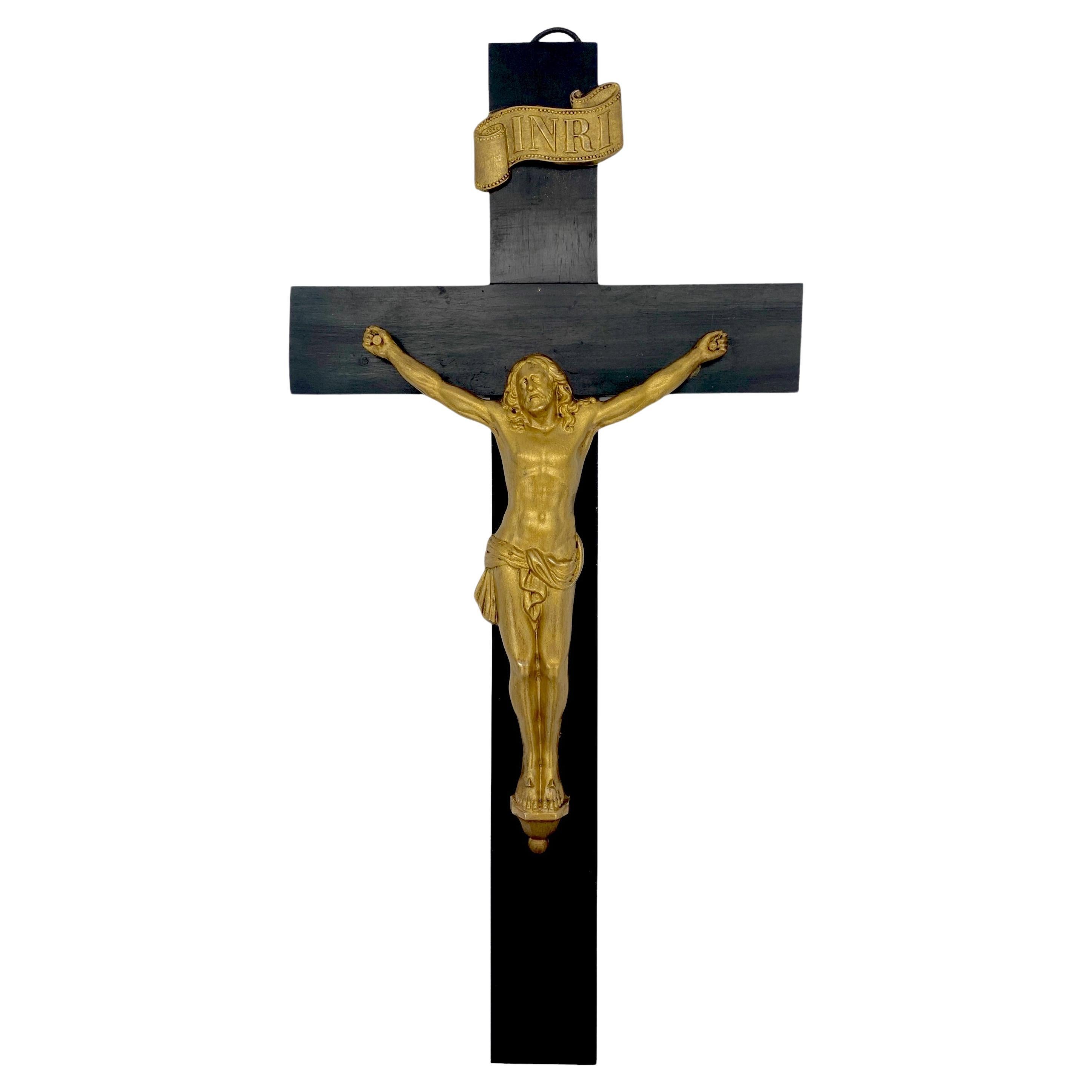 Vintage Italian Ebonized Wood & Gilt Metal Cross/ Crucifix