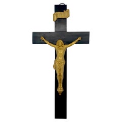 Vintage Italienisch Ebonized Wood & vergoldetes Metall Kreuz / Kruzifix