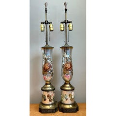 Vintage Italian Eglomise Rose Lamps - A Pair